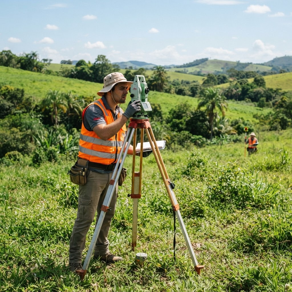 Profissional realizando levantamento topográfico em campo
